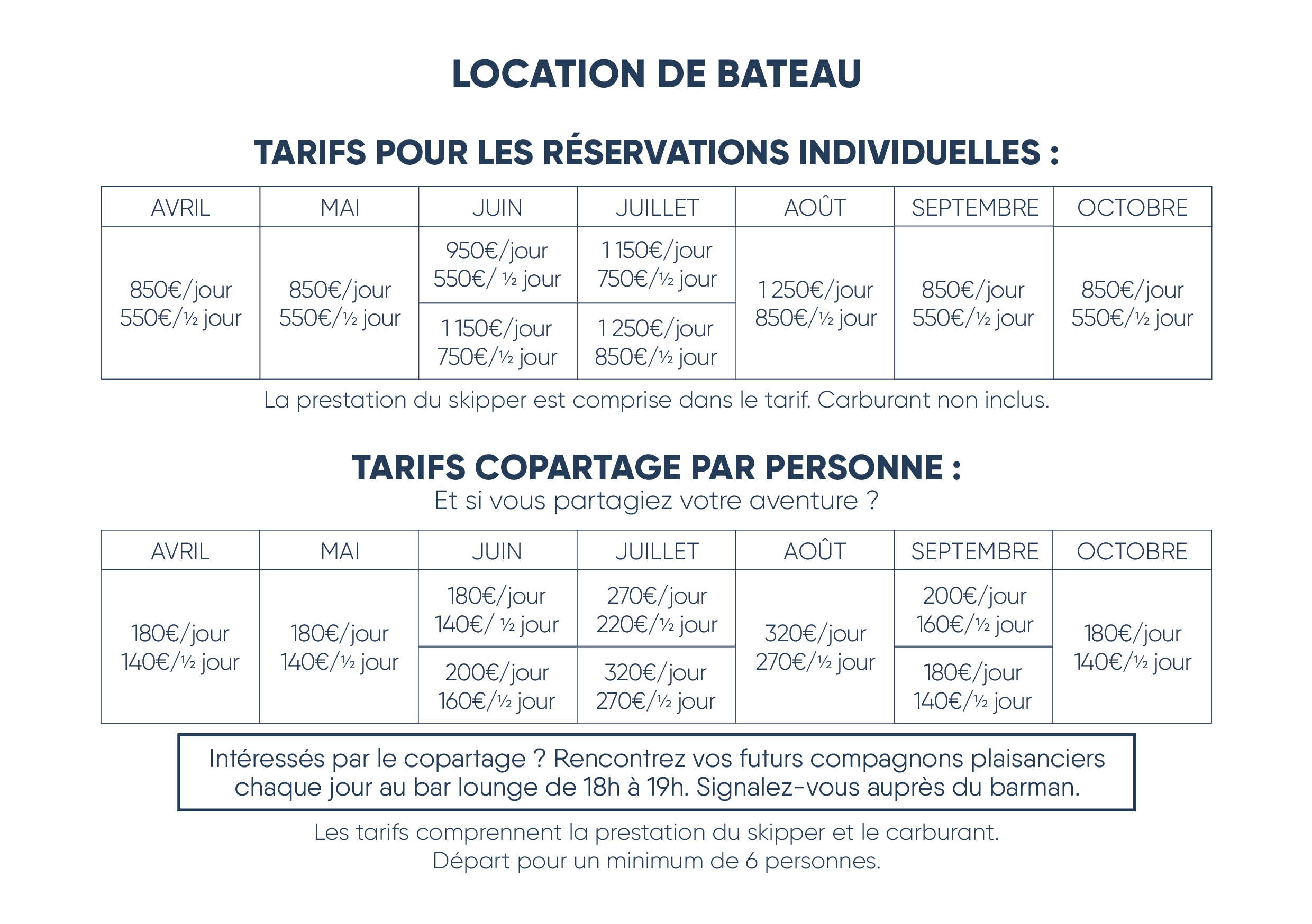 tarif activité bateau